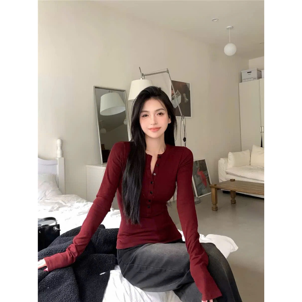 Áo croptop body tay dài bigsize 45-92kg, áo thun bigsize cổ trụ nút màu đỏ đô AT46 - Kim Fashion | BigBuy360 - bigbuy360.vn