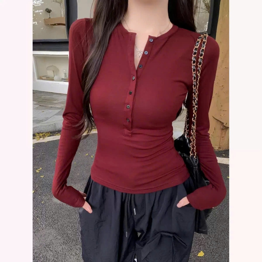 Áo croptop body tay dài bigsize 45-92kg, áo thun bigsize cổ trụ nút màu đỏ đô AT46 - Kim Fashion