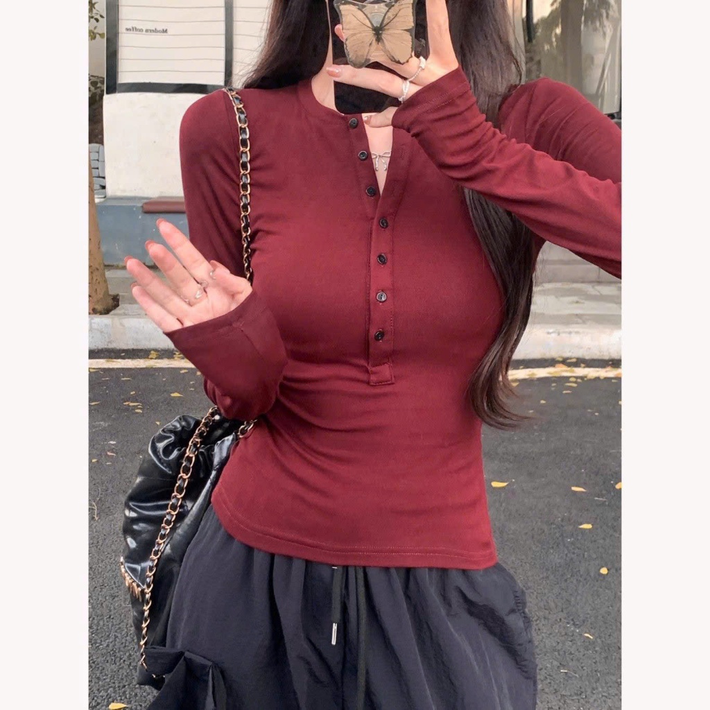 Áo croptop body tay dài bigsize 45-92kg, áo thun bigsize cổ trụ nút màu đỏ đô AT46 - Kim Fashion | BigBuy360 - bigbuy360.vn