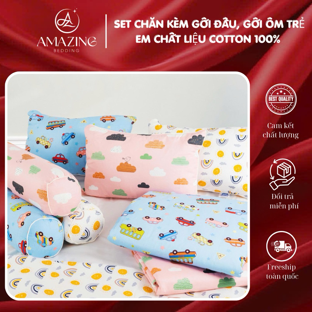 Sét chăn hè, gối đầu và gối ôm cho bé chất cotton 100% thoáng mát, thấm hút Amazing Bedding