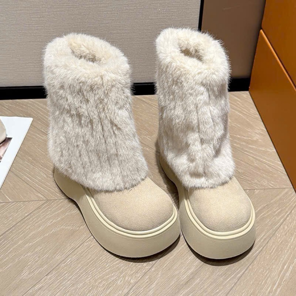 [PHOM TO] Giày bốt nữ cổ lông da lộn dạng xỏ đế cao 7 phân 2 màu Nâu Kem dễ phối đồ GIÀY NHIÊN MỘC