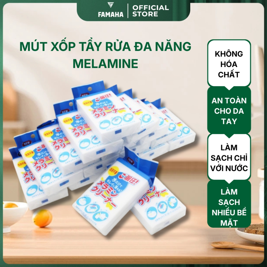 Mút xốp Melamine FAMAHA tẩy rửa làm sạch vết bẩn cứng đầu trên nhiều bề mặt, không dùng hóa chất