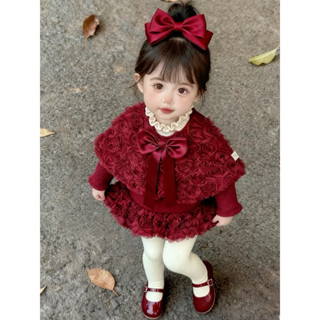  ☘️AMK34 Set váy dạ bé gái đỏ riệu hoa cao cấp – kèm áo choàng nơ bản to đầm công chúa dự tiệc chụp ảnh Tết 