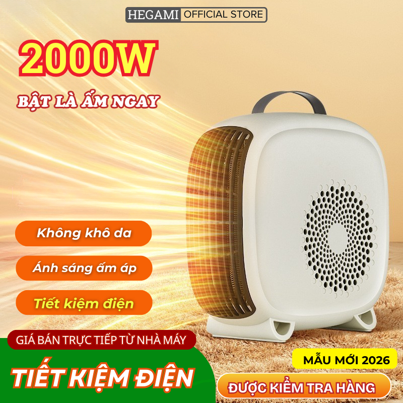 Quạt Sưởi Mini 2000W HEGAMI Máy Sươi Để Bàn Làm Nóng Tức Thì 2 Mức Nhiệt Bảo Vệ Chống Lật