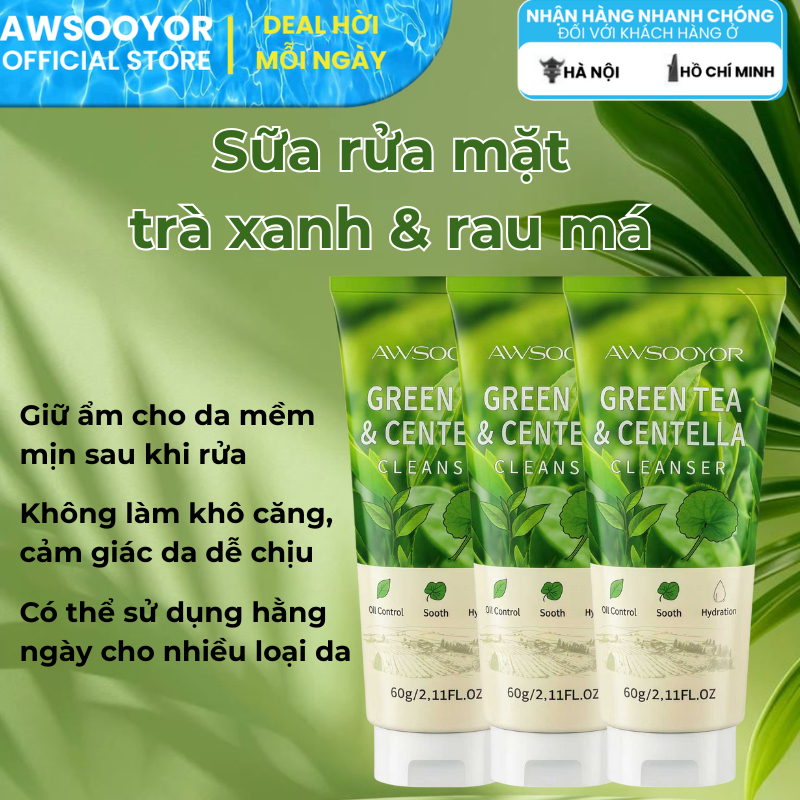 AWSOOYOR Sữa rửa mặt trà xanh rau má 60g mang lại cảm giác da sạch thoáng, làm sạch da dầu nhưng không khô, dưỡng ẩm nhẹ