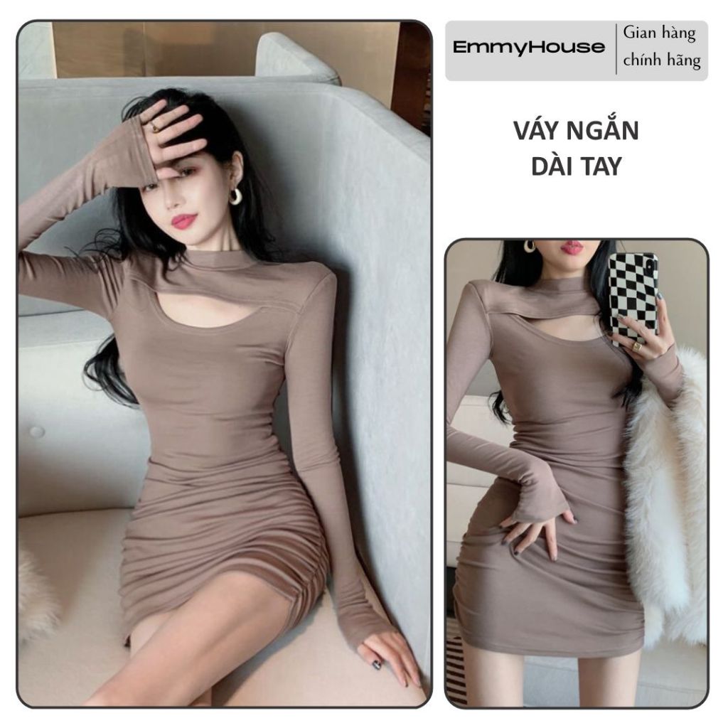 [EMH] Váy Body Ngắn Dài Tay Khoét Ngực Quyến Rũ , thiết Kế Ôm Sát Tôn Dáng-AO441