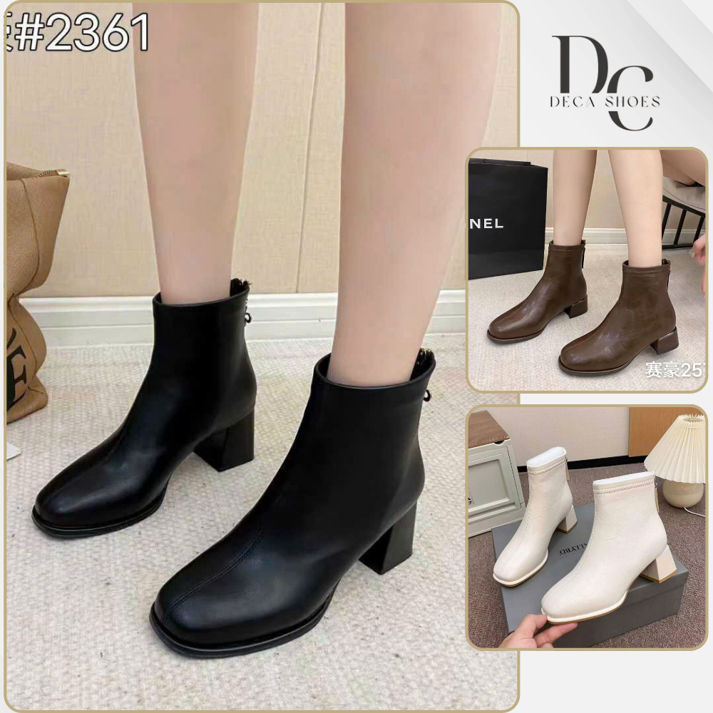 Boot nữ cổ thấp da PU đế cao 5cm, boot nữ gót vuông kéo khóa full box_Deca shoes