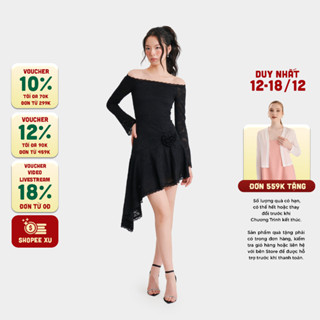  MARC FASHION Đầm Kiểu Nữ Ren Bẹt Vai Tay Dài Vạt Xéo Đính Hoa - FASH102124 