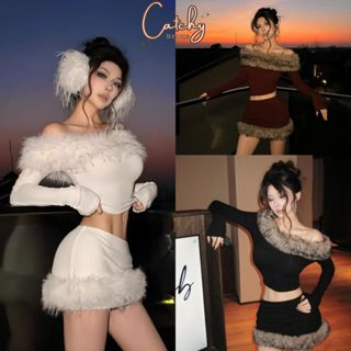  Set áo trễ vai phối lông tay dài kèm chân váy ngắn ôm tôn dáng sang chảnh mùa thu đông đi chơi đi dạo phố CATCHYstore 