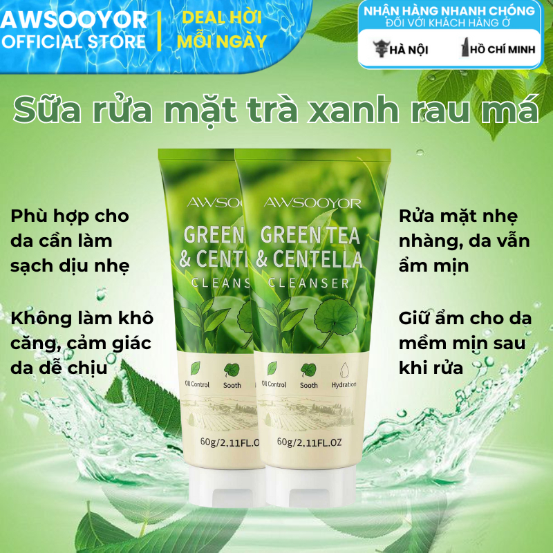 AWSOOYOR Sữa rửa mặt trà xanh rau má 60g làm sạch da mà vẫn êm ái, chăm sóc da…