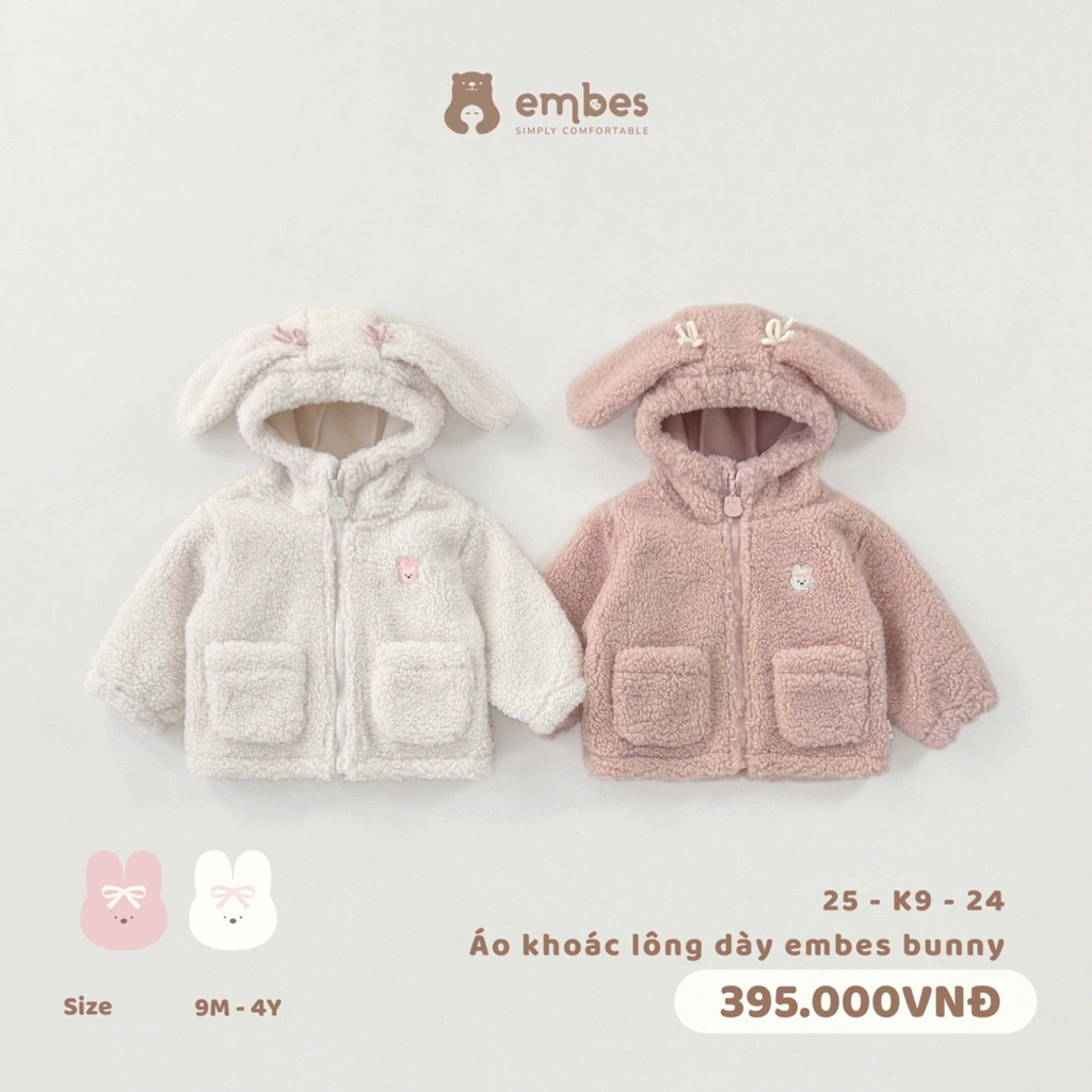 Áo khoác lông dày Embes Bunny 25-K9-24 cho bé gái. Áo khoác lông hình thỏ dày ấm cho bé BEO.Kids