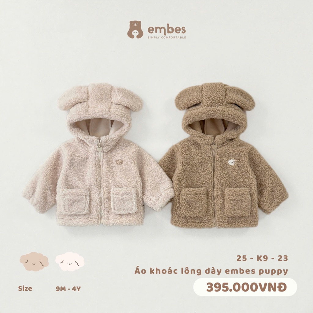 Áo khoác lông dày Embes Pupy 25-K9-23 cho bé trai bé gái. Áo khoác lông mũ gấu cho bé BEO.Kids