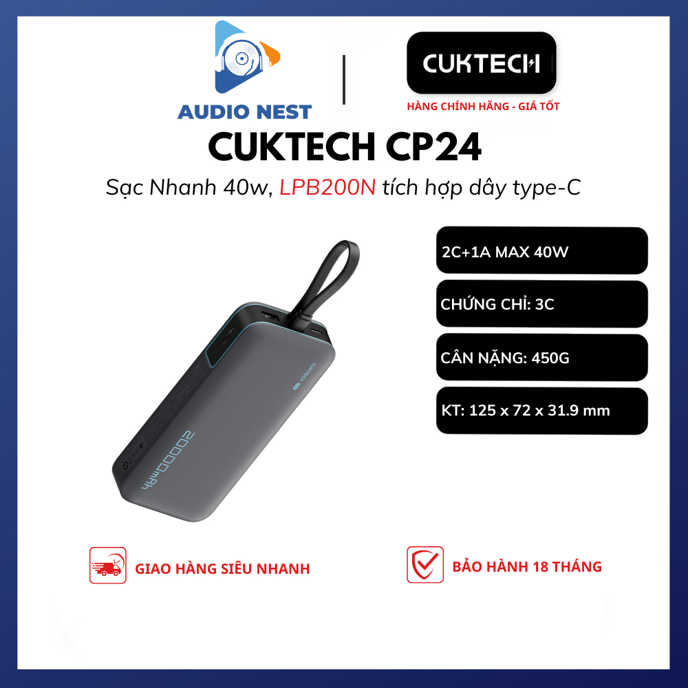 Sạc CUKTECH CP24 LPB200N 20000mAh 40W Tích Hợp Dây - Bảo Hành 18 Tháng.
