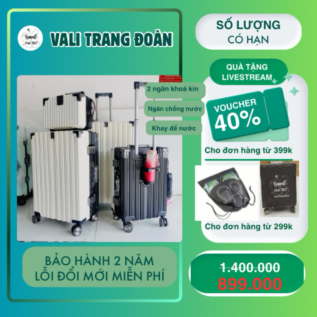  SIZE 28 - VALI KHUNG NHÔM KHOÁ SẬP Có khay để cốc - 1 ngăn khoá kéo + dây đai - Có ngăn chống nước   Vali Trang Đoàn   