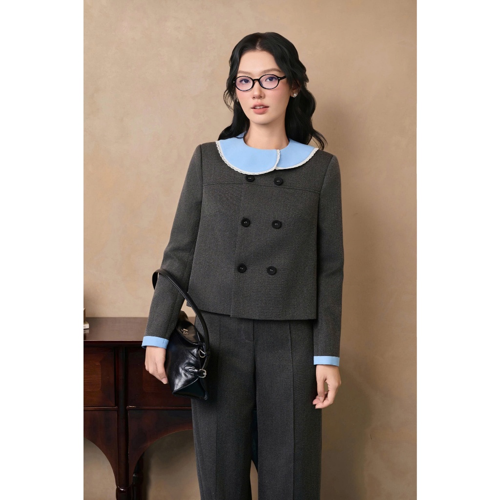 LAFBER - Set Marla thiết kế xám phối cổ xanh viền ren A58