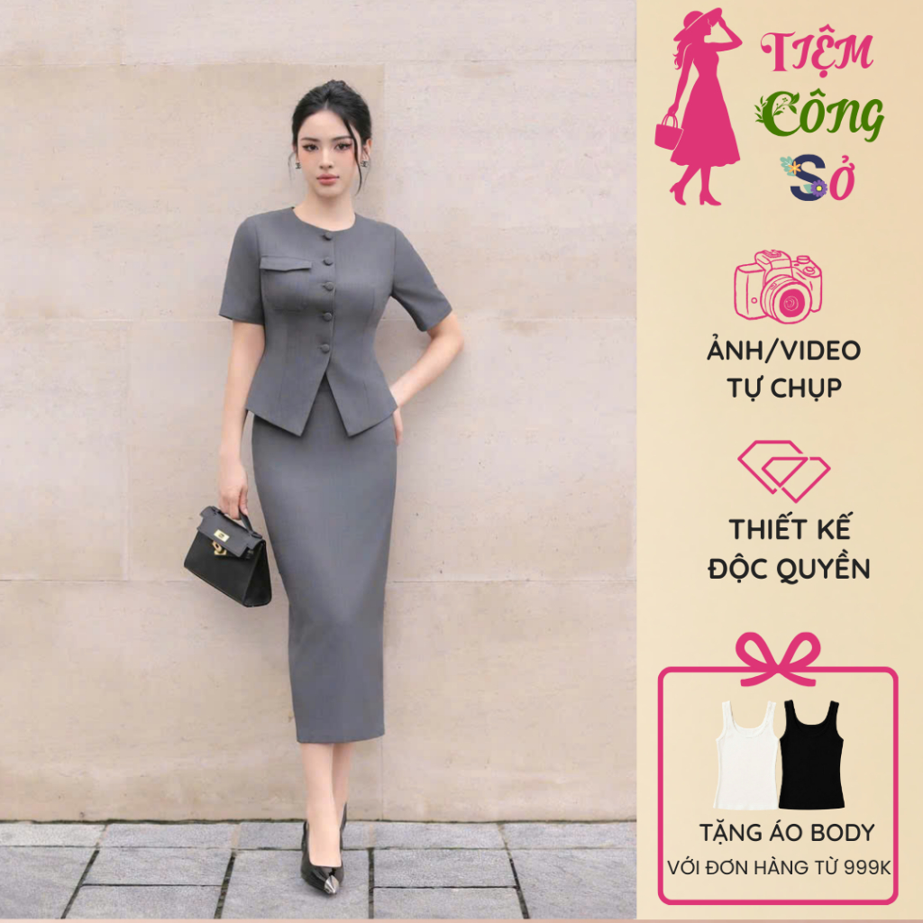 [SB24246] - Sét Bộ Công Sở Nữ Cao Cấp - Áo Vest Tay Ngắn + Chân Váy Dài Xẻ Tà Sang Trọng