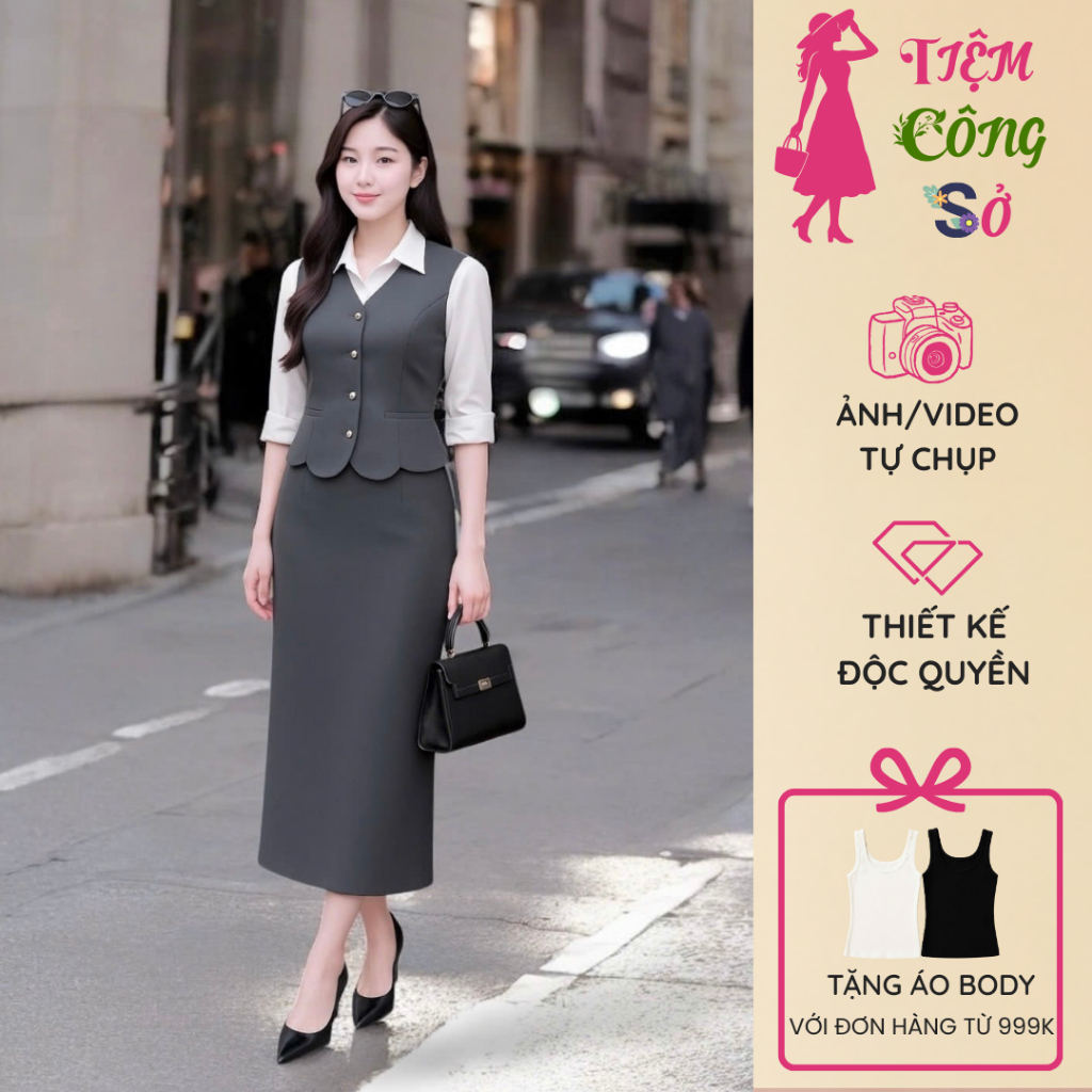 [SB250902] - Sét Vest Công Sở Nữ Dáng Dài - Áo Ghi Lê Phối Sơ Mi & Chân Váy Dài Sang Trọng