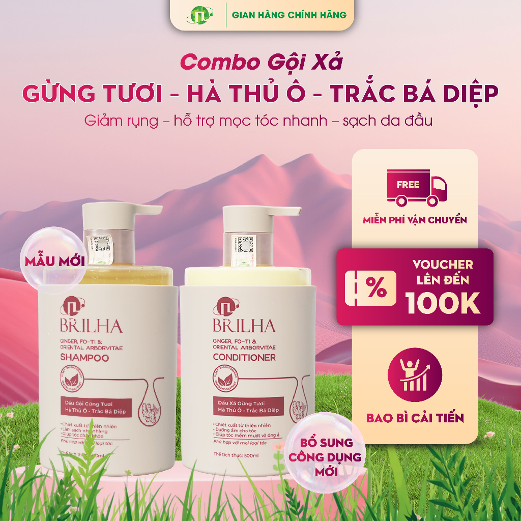  Dầu Gội - Xả Gừng Tươi Hà Thủ Trắc Bá Diệp Ô BRILHA Kích Mọc Tóc Giảm Gàu Ngứa 500ml 