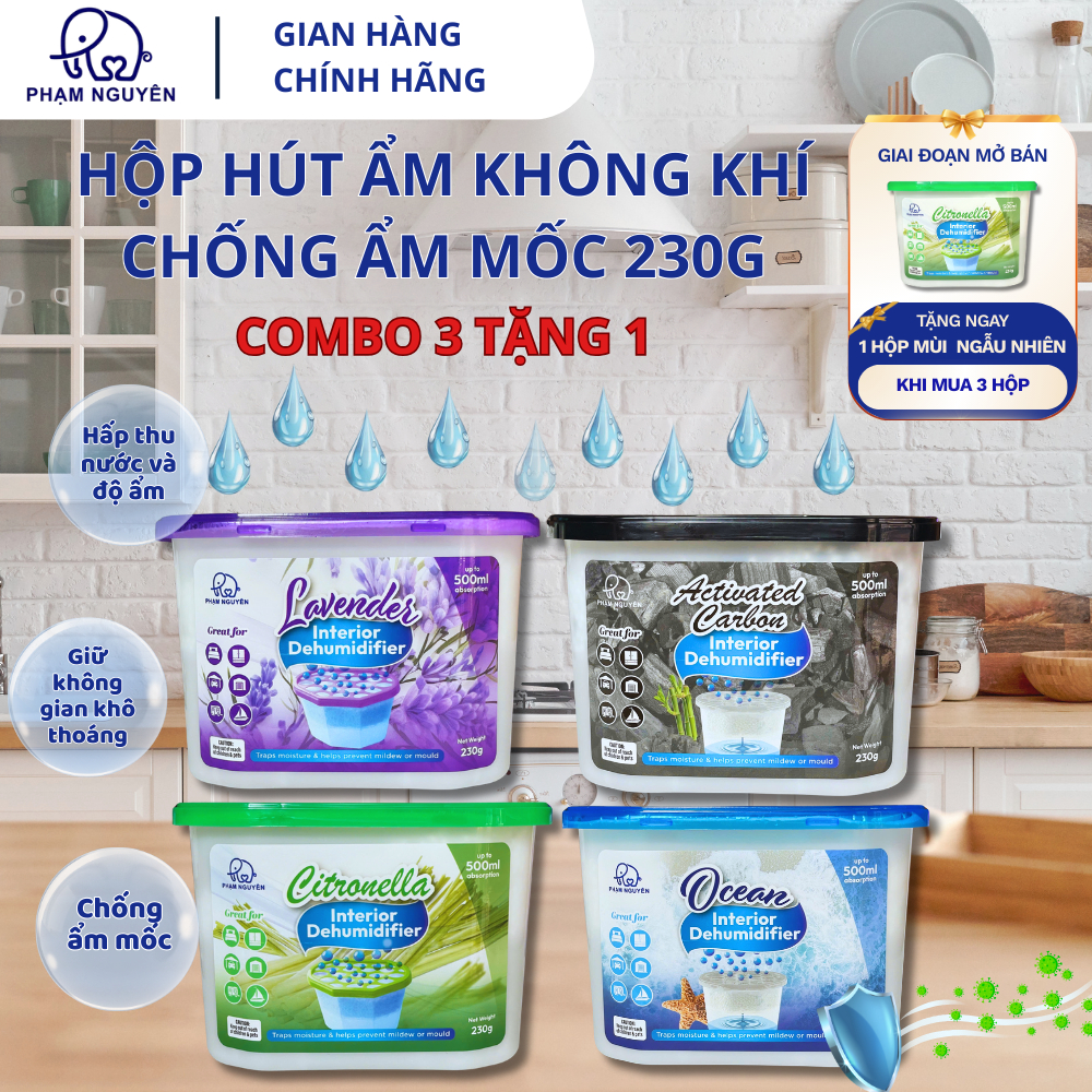 [COMBO 3 TẶNG 1] Hộp hút ẩm không khí đa năng hiệu Pnairex chống ẩm mốc, khử mùi cho tủ, phòng, xe oto 230g