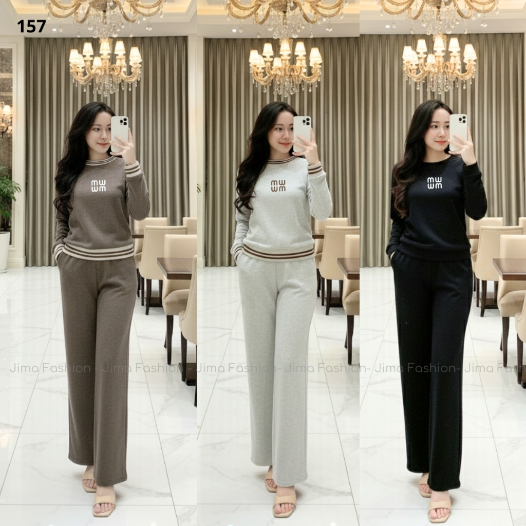 Set bộ áo dài tay bo gấu kèm quần ống suông chất Tăm Len Thỏ Jima 157