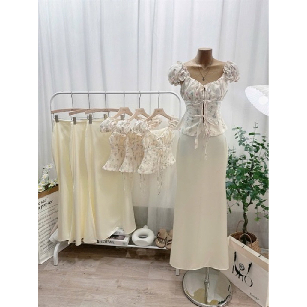 Hion Store - Set áo hoa nơ ngực + chân váy lụa kem SM
