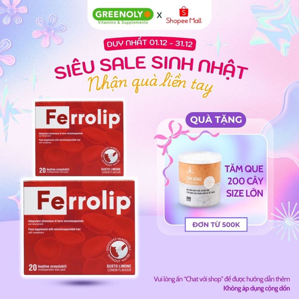 Sắt Bột Buccal Tan Ngay Trong Miệng Ferrolip Tăng Khả Năng Hấp Thu Không Gây Nóng Hộp 20 gói