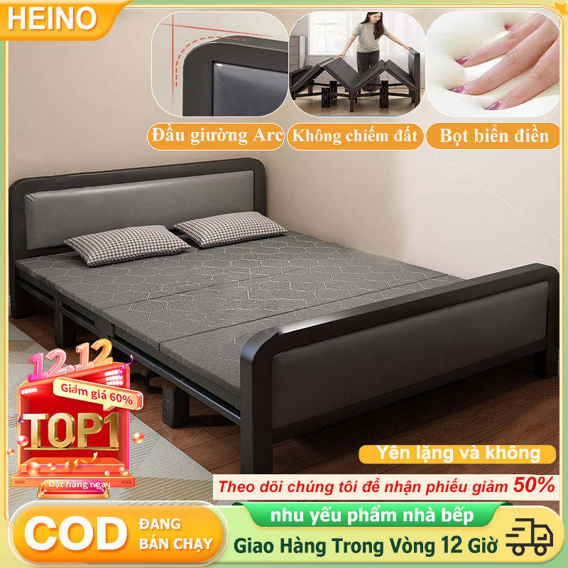 𝑯𝑬𝑰𝑵𝑶 Giường Gấp Khung Thép Cao Cấp Gấp Gọn 4Khúc Chắc Chắn Giường Gấp Gọn Nhẹ Đệm Đầu Giường Da Mềm