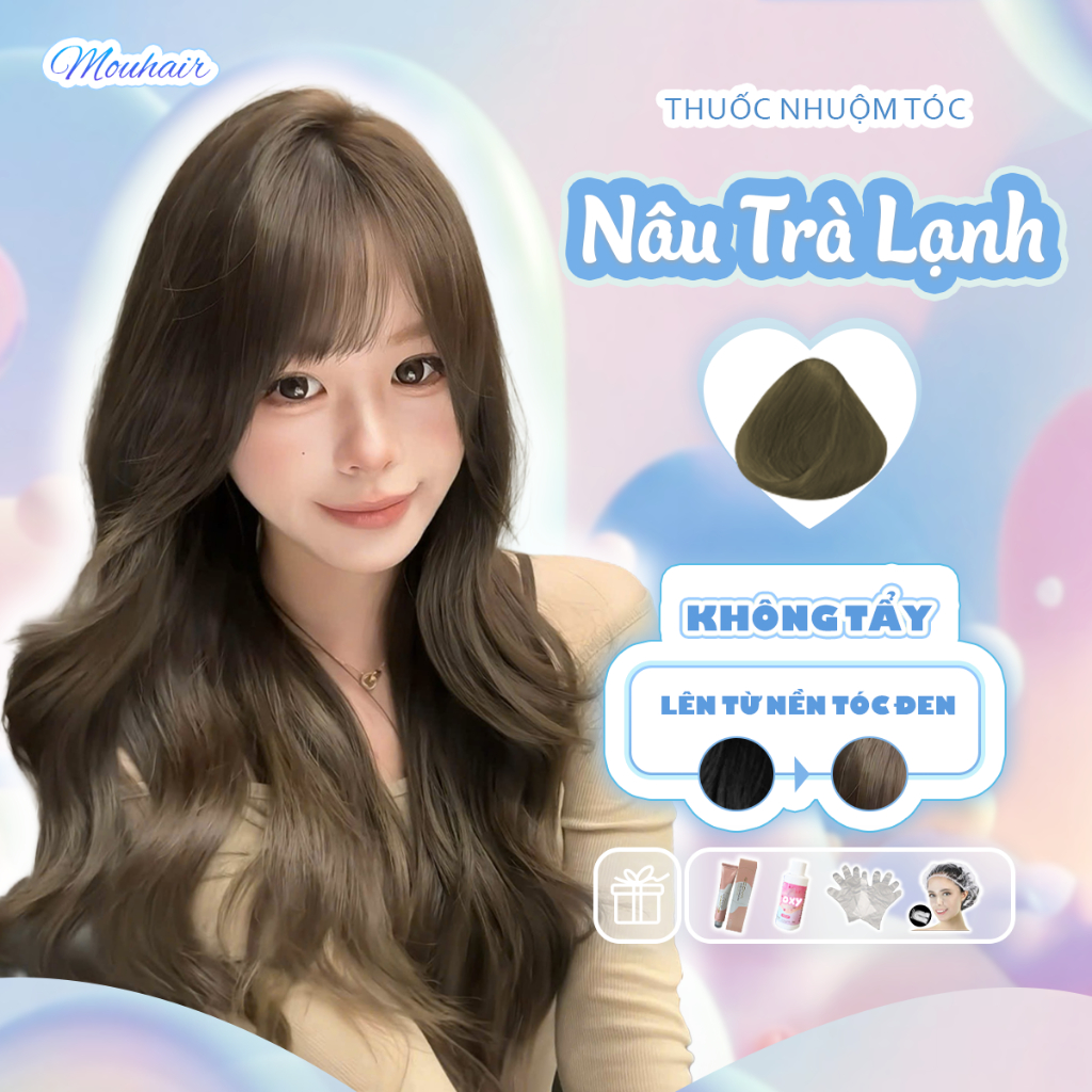 Thuốc nhuộm tóc, Thuốc nhuộm tóc màu NÂU TRÀ LẠNH, Mouhair, tặng oxi trợ dưỡng,bao tay, mũ trùm, bịt