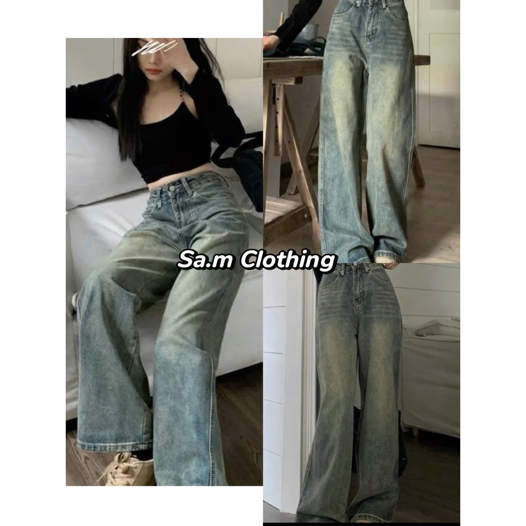 Quần Jean Ống Rộng Màu Xanh Nhạt/Wash Rêu Vintage MSP 065