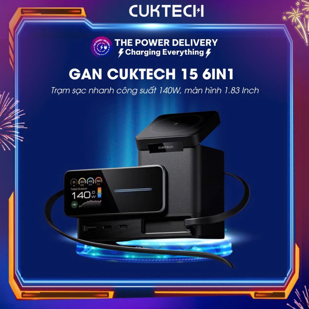 Trạm Sạc GaN CUKTECH 15 6in1, Công Suất Max 140W, Màn Hình 1.83 Inch, Bảo Hành 18 Tháng TA1406U
