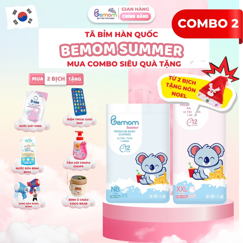   NƯỚC GIẶT  COMBO 2 Bịch Tã Bỉm Hàn Quốc DÁN QUẦN Bemom SUMMER Mỏng Mềm Thoáng Khí NB-4XL 3-30kg 