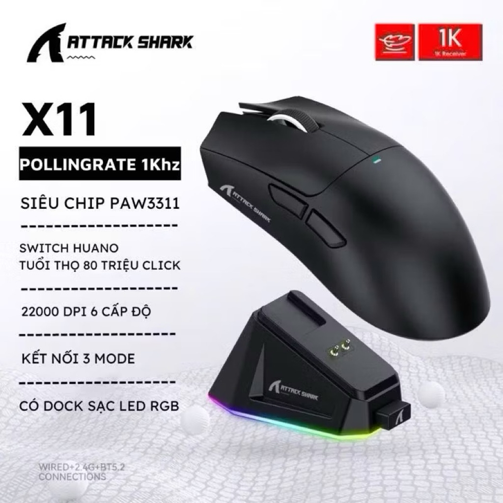 Attack Shark  X11 / R1 - Chuột Gaming Không Dây Bluetooth | Chip PAW3311  Dock Sạc