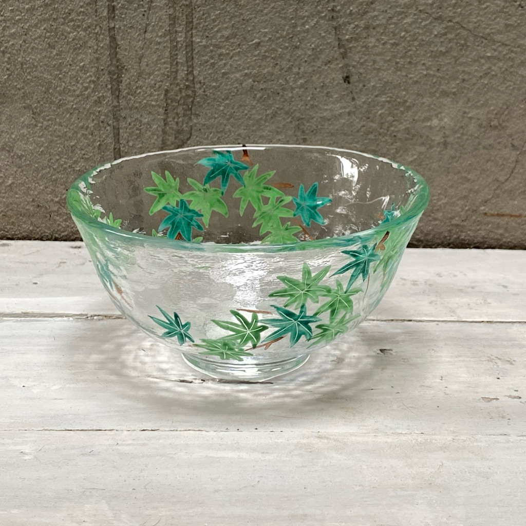 CHAWAN THUỶ TINH VẼ TAY LÁ PHONG HÀNG NHẬT 2HAND