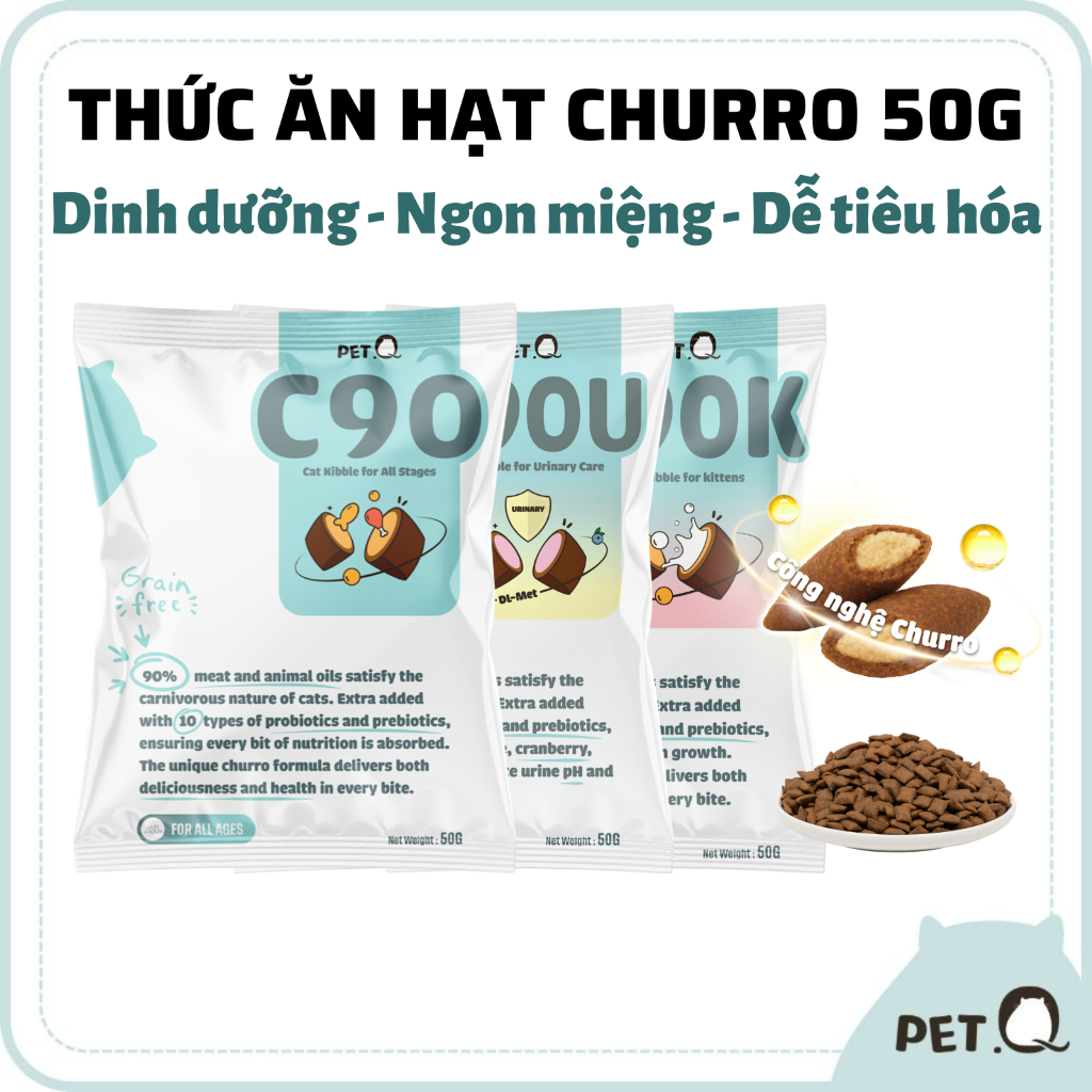 (Túi dùng thử 50g) Thức ăn hạt cho mèo PetQ, Hạt Churro C90, Dinh dưỡng, Ngon miệng, Dễ tiêu hóa, Ch