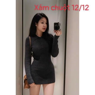  Váy Len Body Dài Tay Cổ Bẻ – Ôm Dáng Co Giãn 4 Màu Hot Trend 