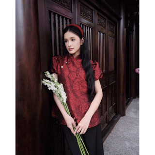  Áo gấm cổ tàu tay bồng đỏ hồng vàng _ORIMI 