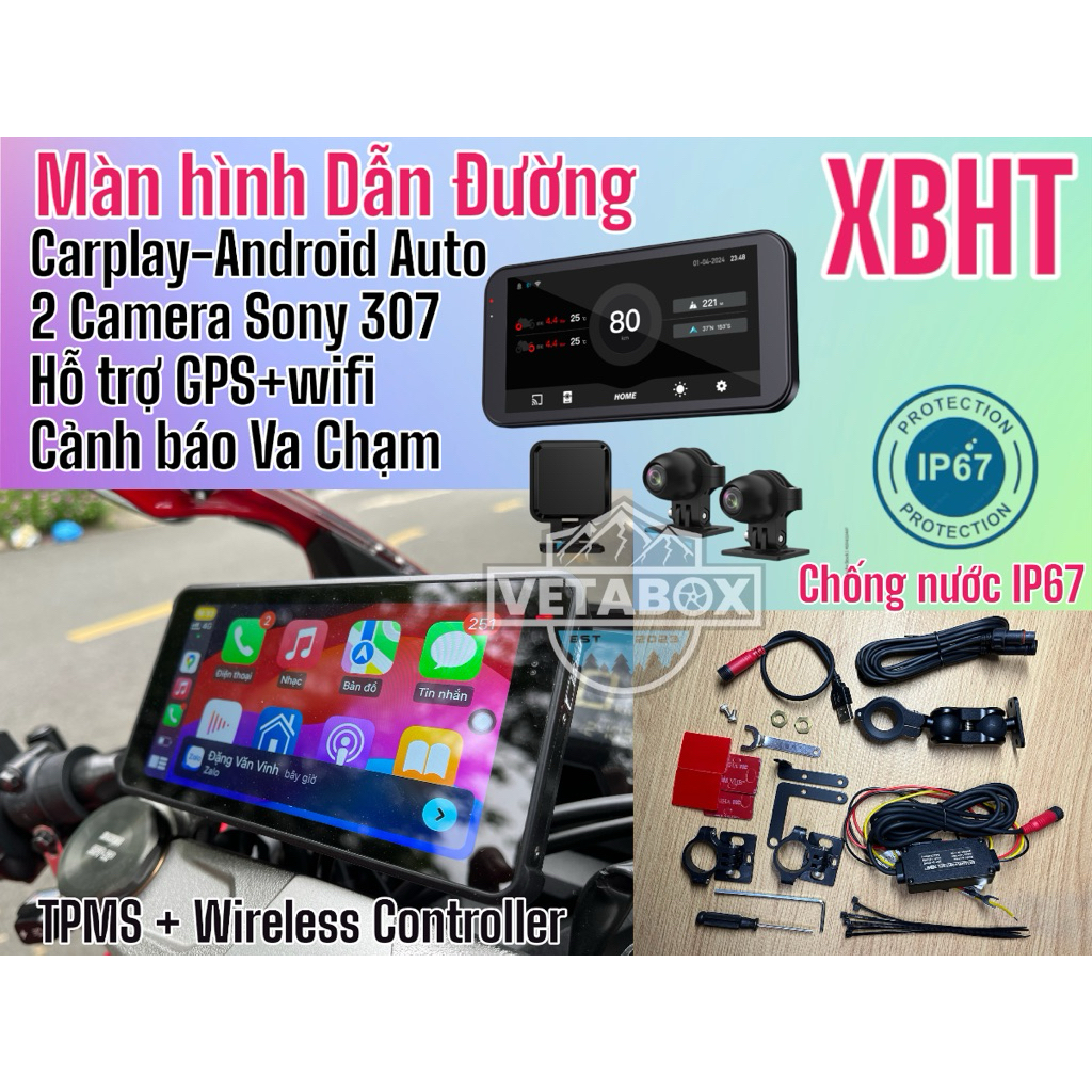  Màn hình Dẫn Đường XBHT tích hợp CARPLAY ANDROID AUTO + Đo áp suất lốp TPMS 