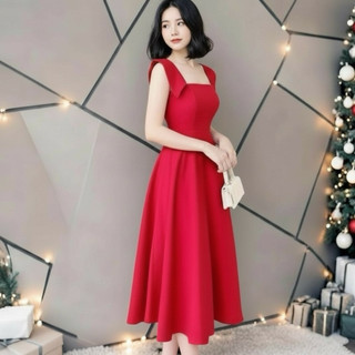 Đầm dự tiệc sang chảnh màu đỏ cổ đắp vai (kèm hình thật)