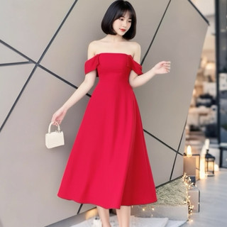 Đầm dự tiệc sang chảnh màu đỏ cổ đắp vai (kèm hình thật)