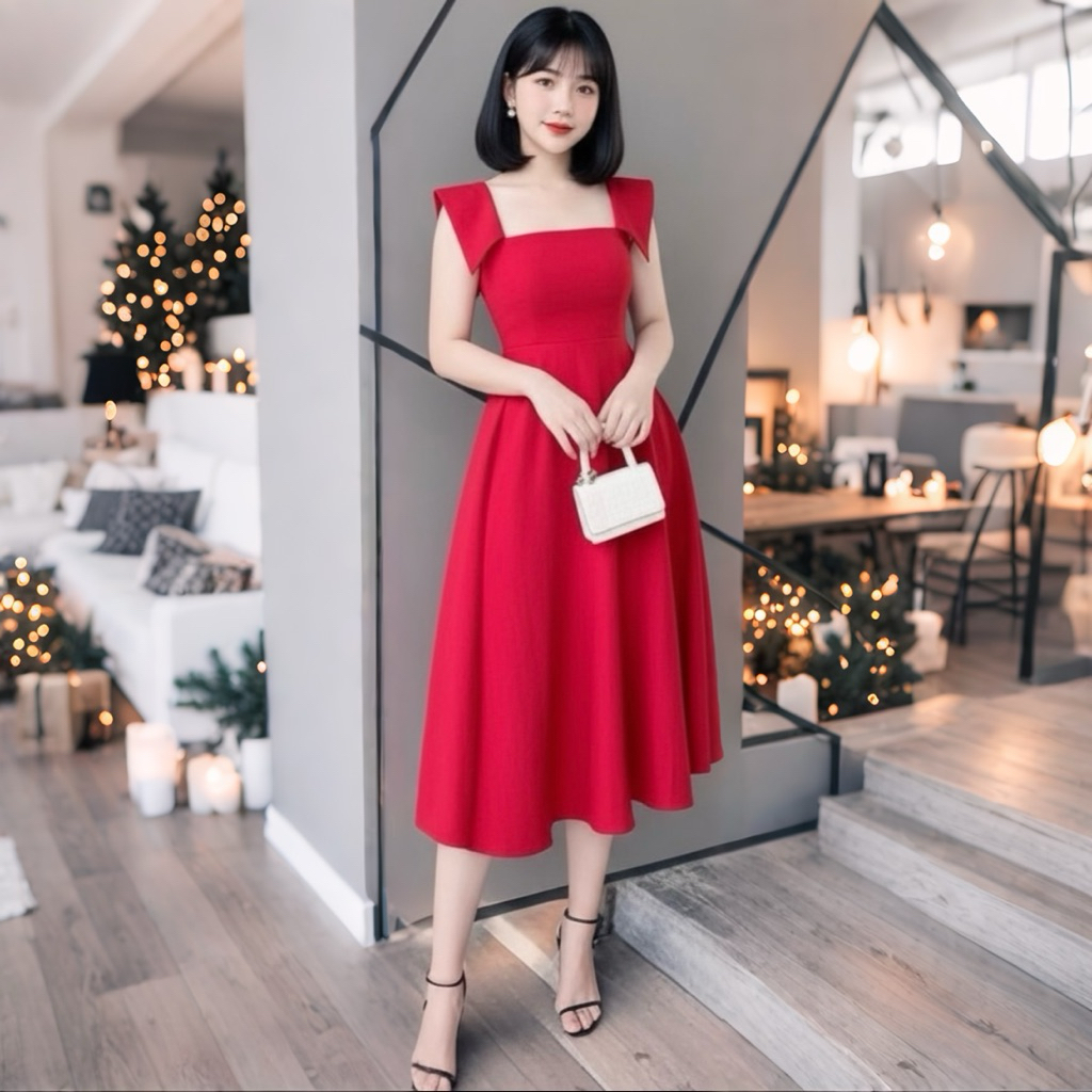 Đầm dự tiệc sang chảnh màu đỏ cổ đắp vai (kèm hình thật)