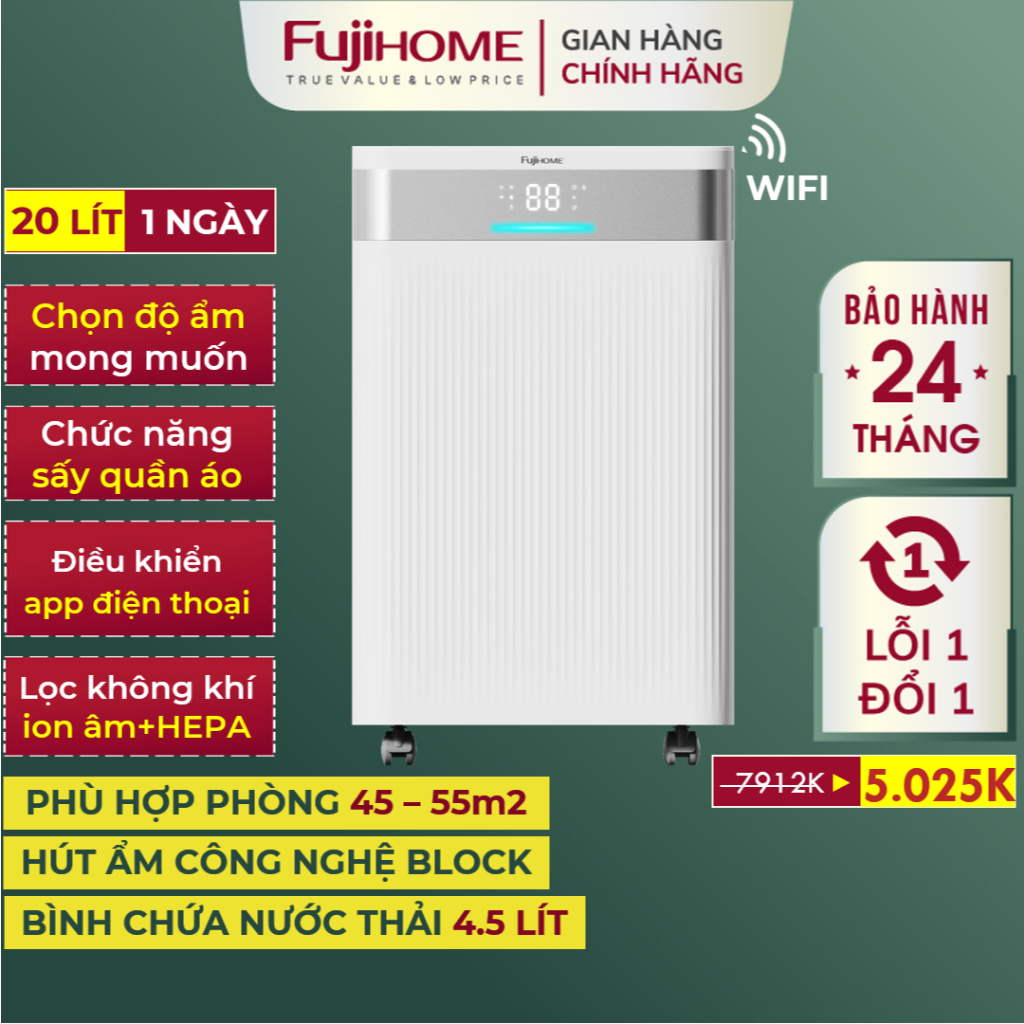 Máy hút ẩm FUJIHOME DH20NW-HEPA cho gia đình