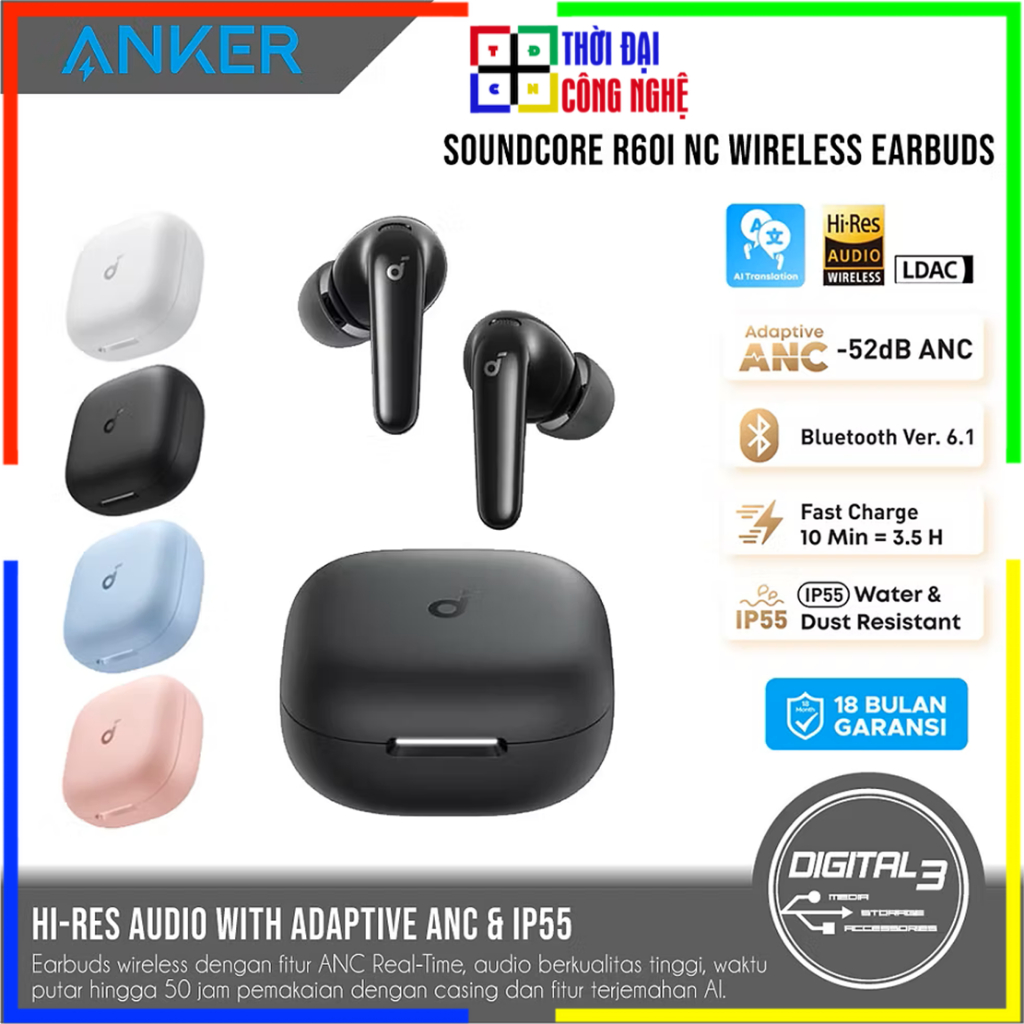 Tai nghe Bluetooth Anker Soundcore R60i NC Chống Ồn Chủ Động ANC, Hi-Res Audio, LDAC, Pin 50H (Bảo Hành 18 Tháng) | BigBuy360 - bigbuy360.vn