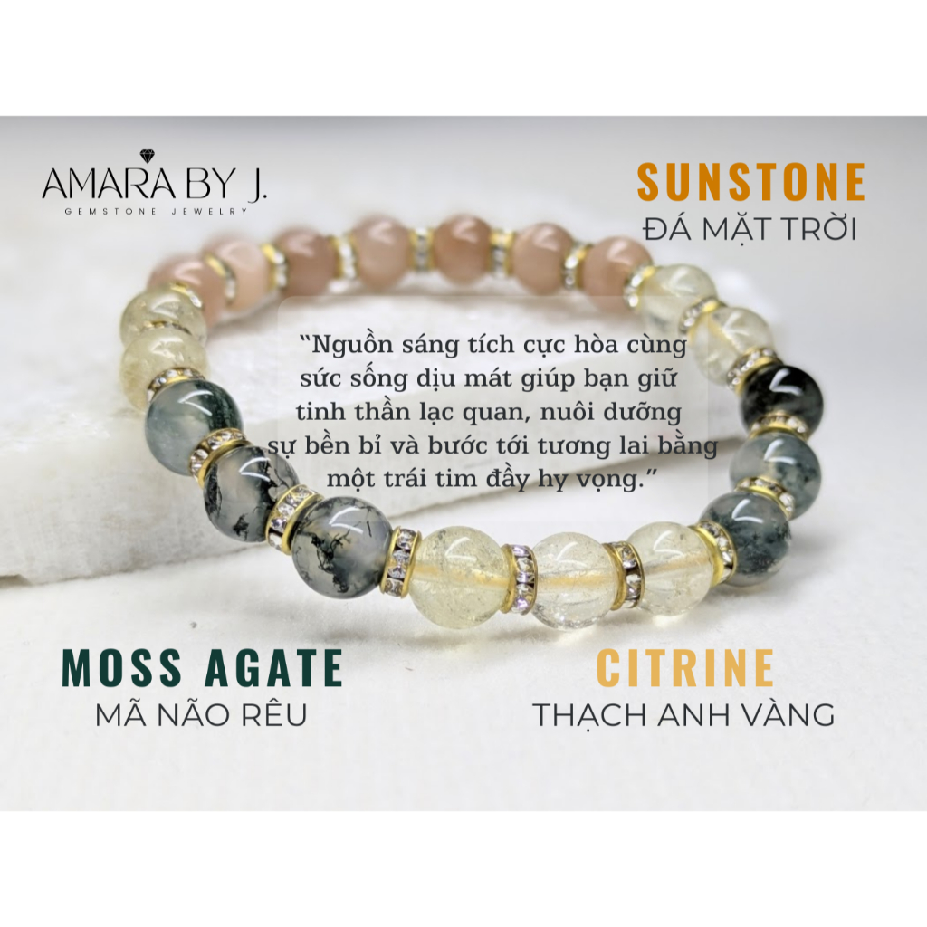 [Amara by J] Vòng tay nữ Sunstone, Citrine, Moss agate mã não rêu