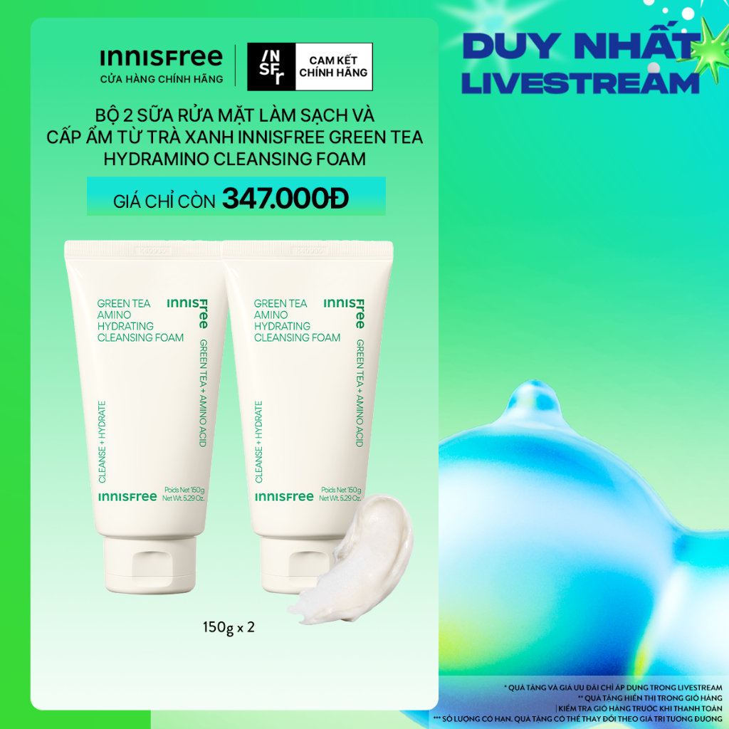 INNISFREE x Bộ 2 Sữa rửa mặt làm sạch và cấp ẩm từ trà xanh Innisfree Green Tea Hydramino Cleansing Foam 150G
