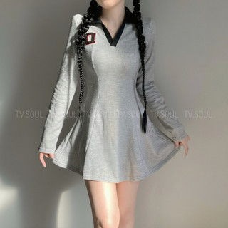 [SẴN, ẢNH THẬT] 𝐓𝐕 𝐒𝐎𝐔𝐋 Đầm tay dài dáng xoè xám ghi cổ polo