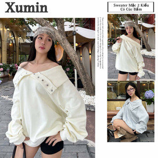  Áo Sweater Trễ Vai Mặc Được 2 Kiểu Xoay Linh Hoạt Mặt Trước Sau Có Cúc Bấm Điều Chỉnh Vai  Sweater Cúc Bấm 2 Kiểu  