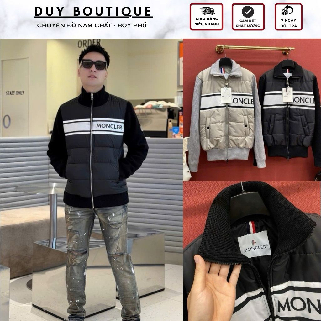 Áo Khoác Phao MONCLER Quét Chip Chữ Ngực Phối Tay Len Siêu Chất - Áo MON Phao Tay Len Cực Ấm