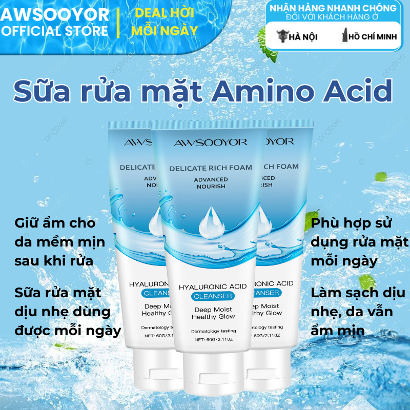 AWSOOYOR Sữa rửa mặt Amino Acid 60g rửa trôi lớp kem chống nắng, giúp da bớt dầu, dưỡng ẩm nhẹ, phù hợp mọi loại da