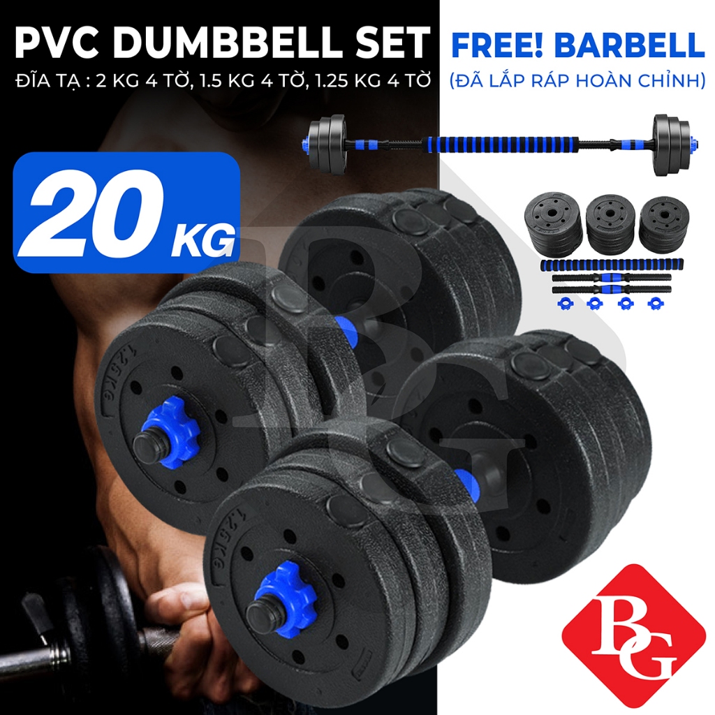 (OFF-20KG) Bộ Tạ Tay PVC Đa Năng 20KG MÀU LAM Kết Hợp Tạ Đòn,Tạ Đơn,Tạ Ấm Điều Chỉnh Cao Cấp