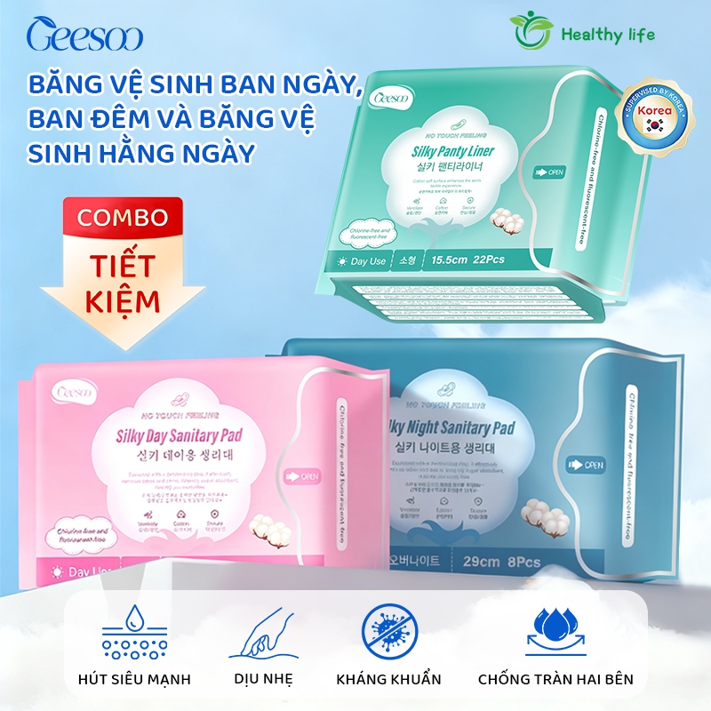 [Combo 3 Gói Tiện Lợi ] Geesoo Băng Vệ Sinh Ban Ngày - Ban Đêm - Hàng Ngày Siêu Thấm Mềm Mại
